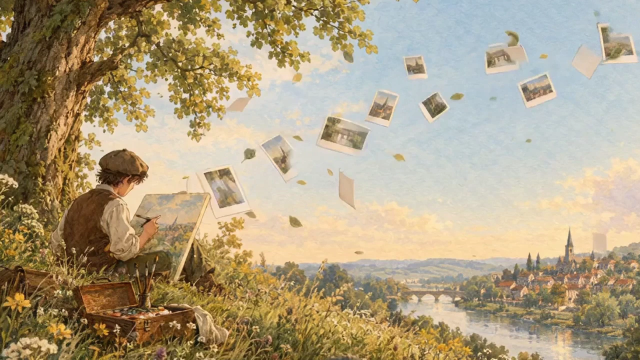 Aquarela: um jovem de boina, sentado sob um carvalho no alto de um prado florido, pinta numa tela apoiada nos joelhos; da tela saem fotografias impressas de borda branca que o vento leva pelo céu em direção a um vilarejo com igreja à beira do rio.