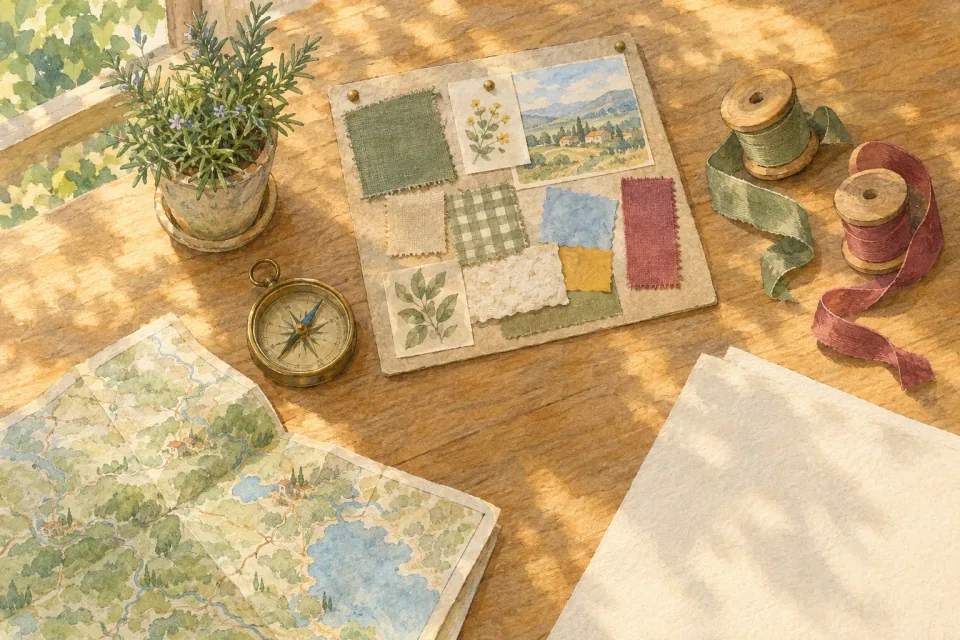 Aquarela: o canto de uma mesa de ateliê visto de cima, com um quadro de amostras de tecido e papel, uma bússola de latão, um mapa dobrado, carretéis de fita e um vaso de alecrim.