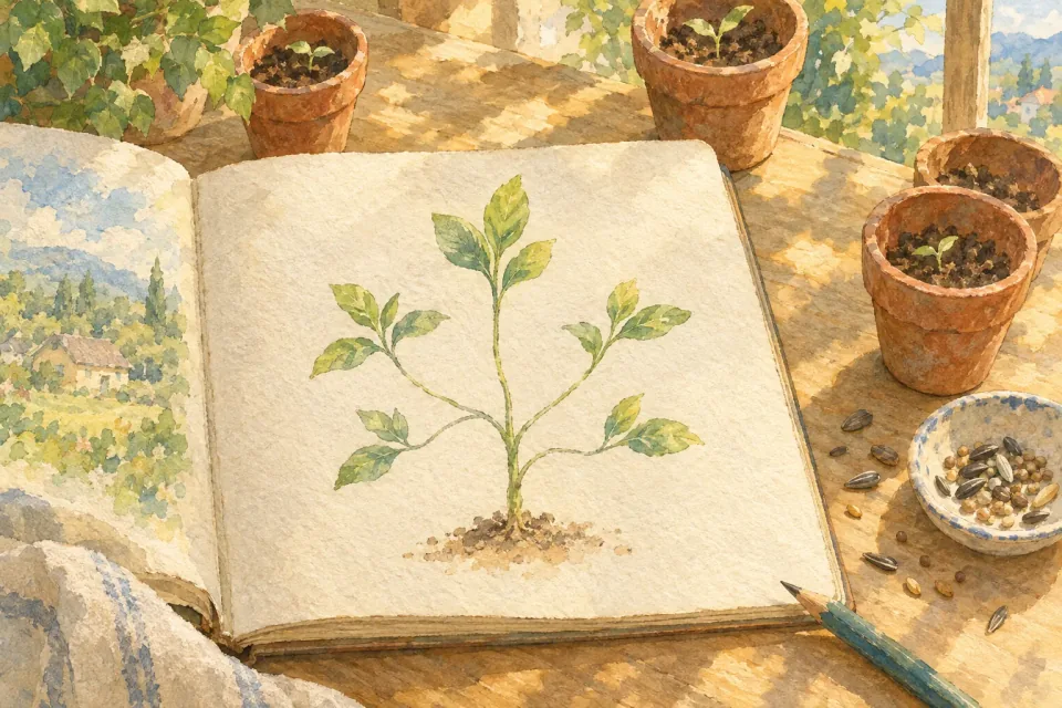 Aquarela: um caderno aberto em que uma muda pintada no centro se ramifica em brotos desenhados a lápis, cercada de vasinhos de barro com sementes.