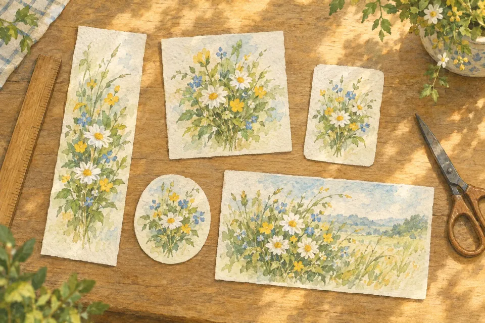 Aquarela vista de cima: o mesmo buquê pintado repetido em cinco cartões de formatos diferentes — um alto, um quadrado, um panorâmico e dois pequenos — com uma régua de madeira e uma tesoura ao lado.