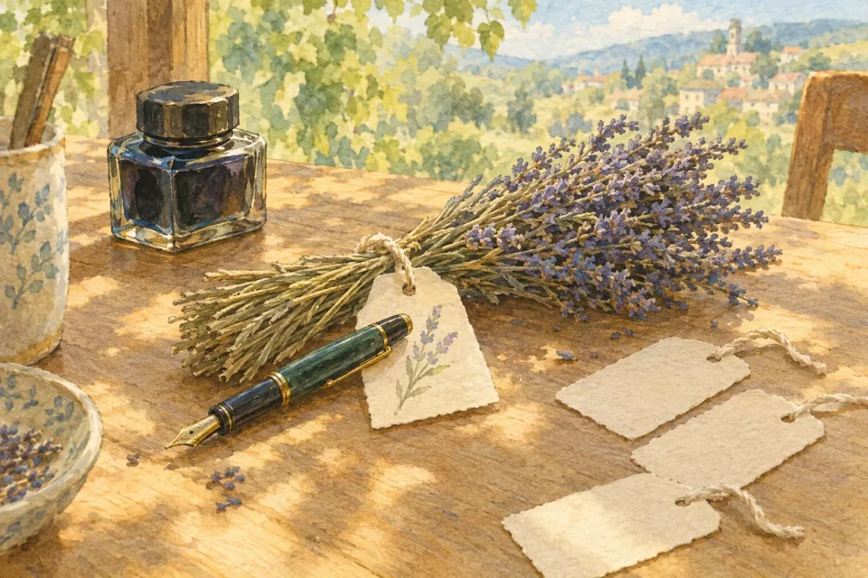 Aquarela: uma caneta-tinteiro sobre uma etiqueta de papel amarrada com barbante a um maço de lavanda, com três etiquetas em branco e um tinteiro na mesa.
