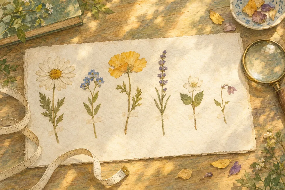 Aquarela vista de cima: uma folha de herbário com seis flores prensadas de tamanhos diferentes em fila, uma fita métrica de pano enrolada ao lado, uma lupa e algumas pétalas secas.