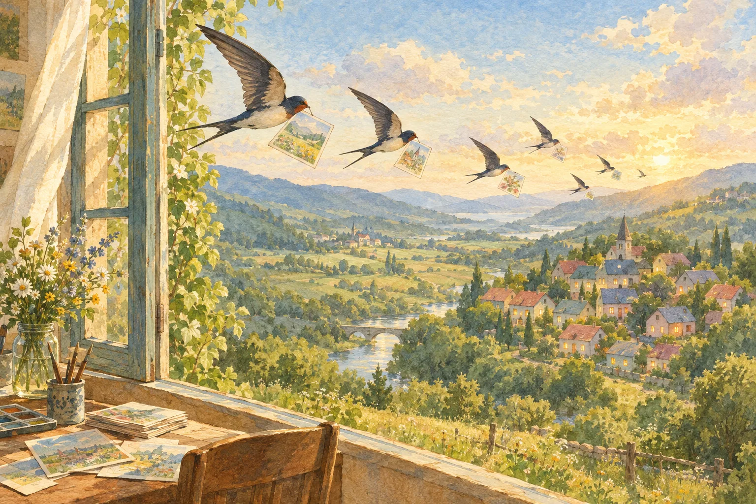 Aquarela panorâmica: de uma janela de ateliê, um bando de andorinhas leva pequenos cartões pintados sobre um vale verde até um vilarejo de telhados pastel com as janelas acesas.