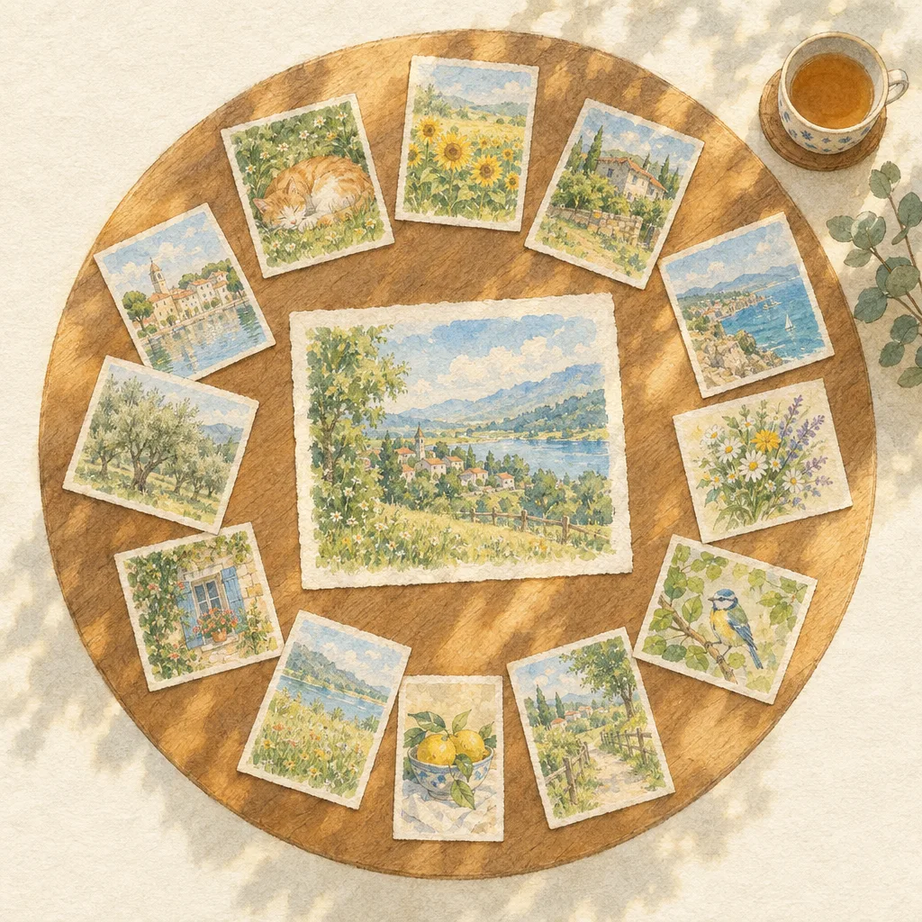 Aquarela quadrada vista de cima: uma mesa redonda de madeira com um esboço no centro e treze cartões pintados dispostos em volta como pétalas, com uma xícara de chá e um ramo de eucalipto na borda.