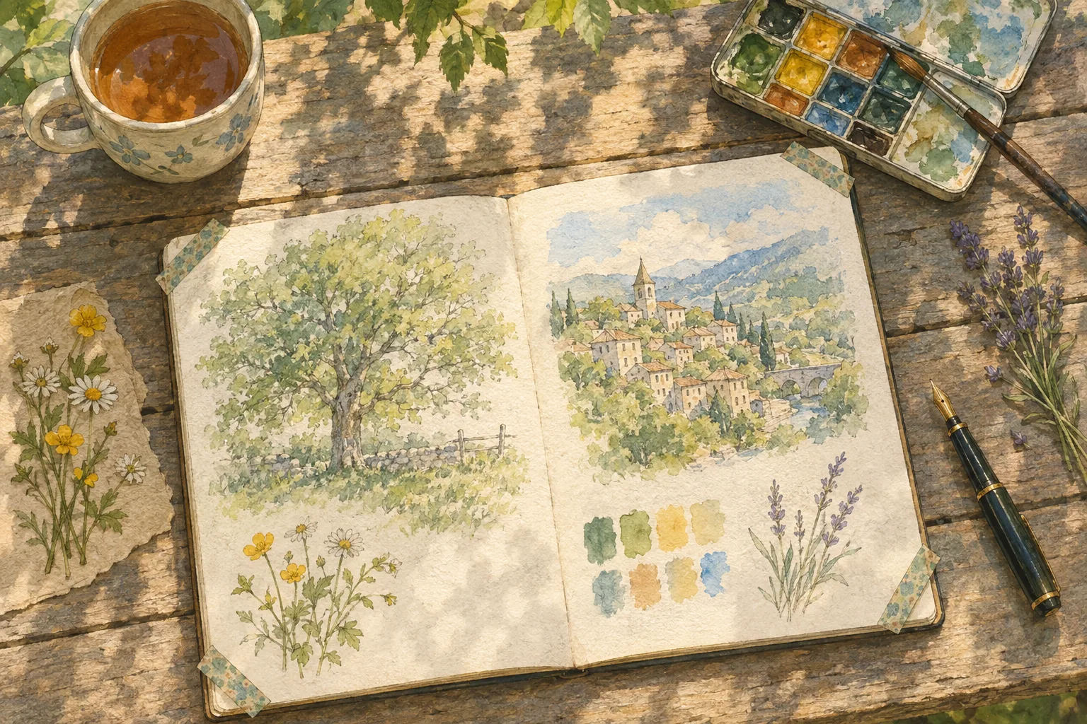 Aquarela vista de cima: um caderno de campo aberto sobre uma mesa de madeira, com esboços de uma árvore e de um vilarejo, um estojo de aquarela, uma caneta-tinteiro, uma xícara de chá e flores prensadas.